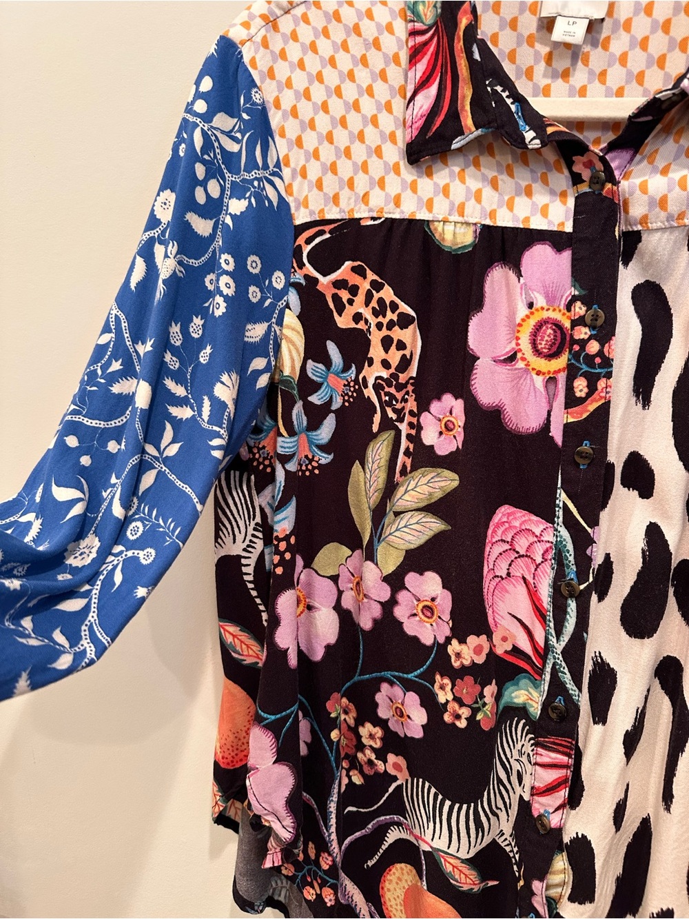 Maeve Alida Contrast Mixed-Print Button Down Shirt Colorful Sz L Petite - Picture 6 of 11